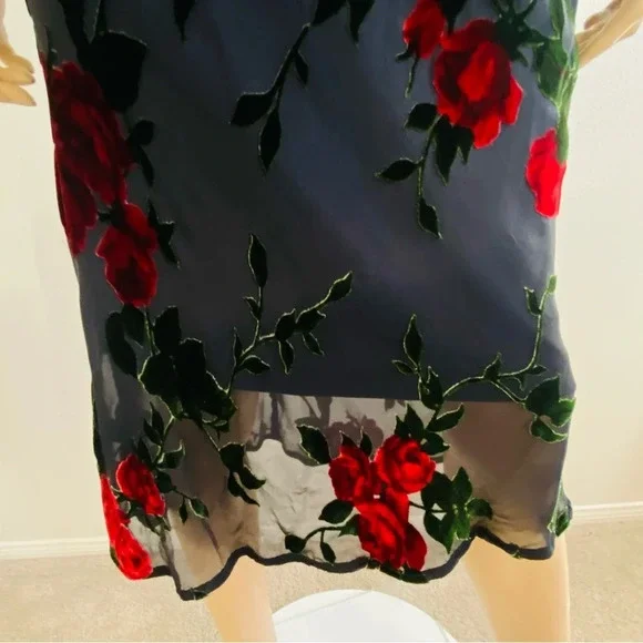 Vintage 90’s Betsey Johnson NY Dress Black Red Rose Mesh Velvet Burnout Sz L - Picture 9 of 13